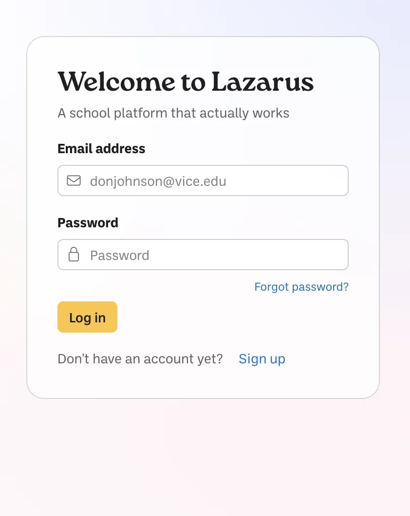 The Lazarus log in screen