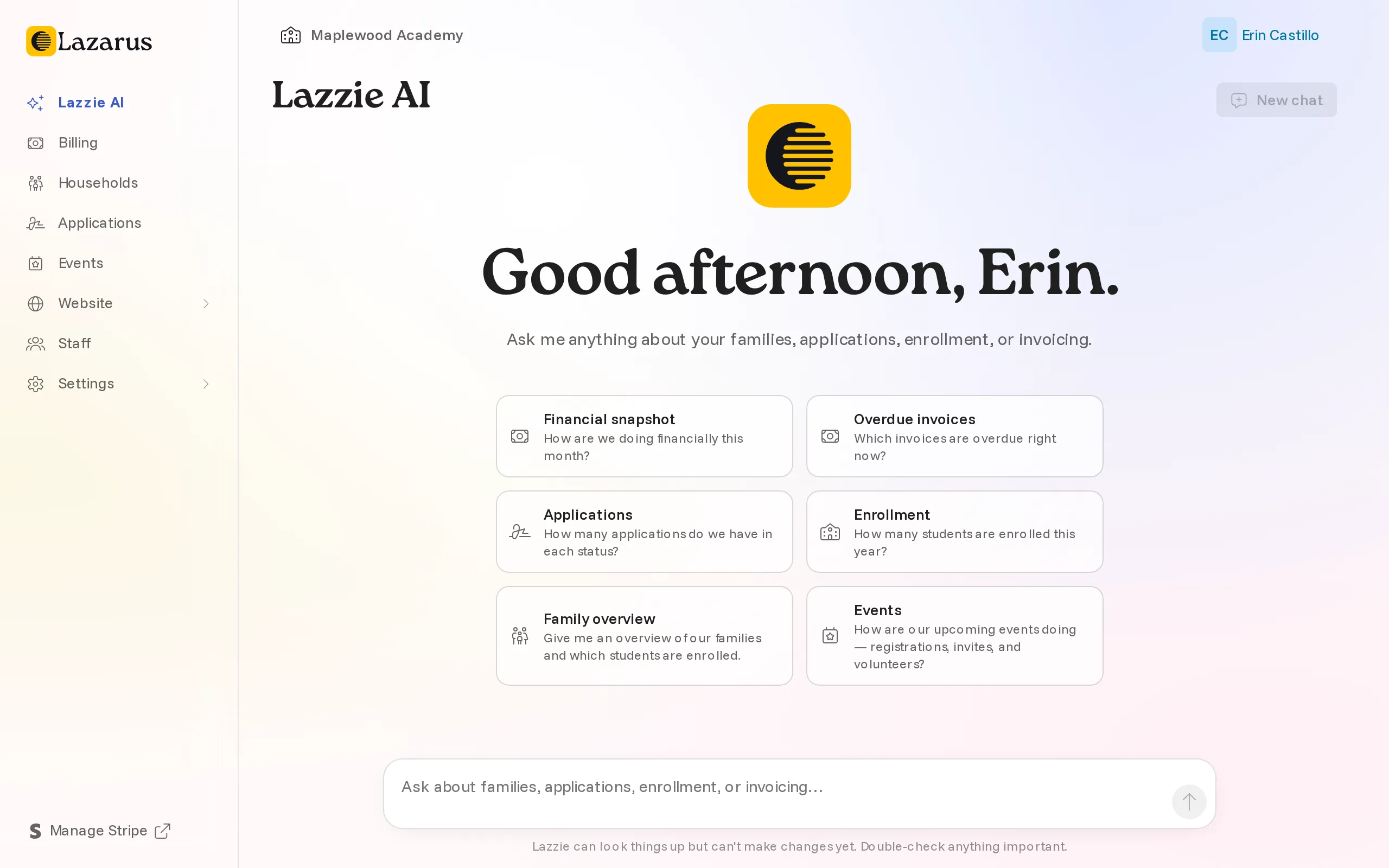Lazzie's chat page, greeting the admin with suggested questions about finances, invoices, applications, and events.