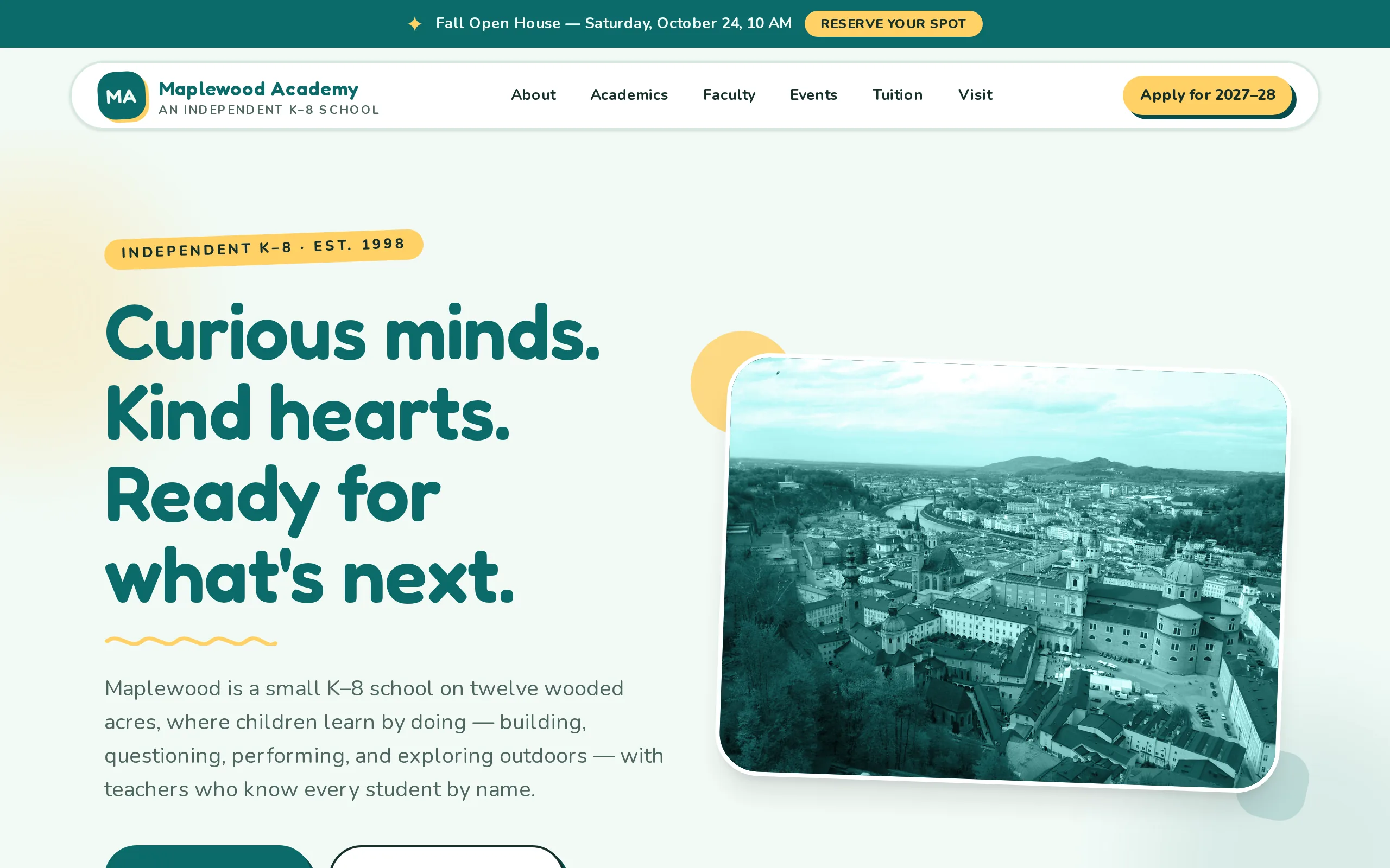 A school's live website built with Lazarus: its name, a welcome message, and Apply and Visit buttons.