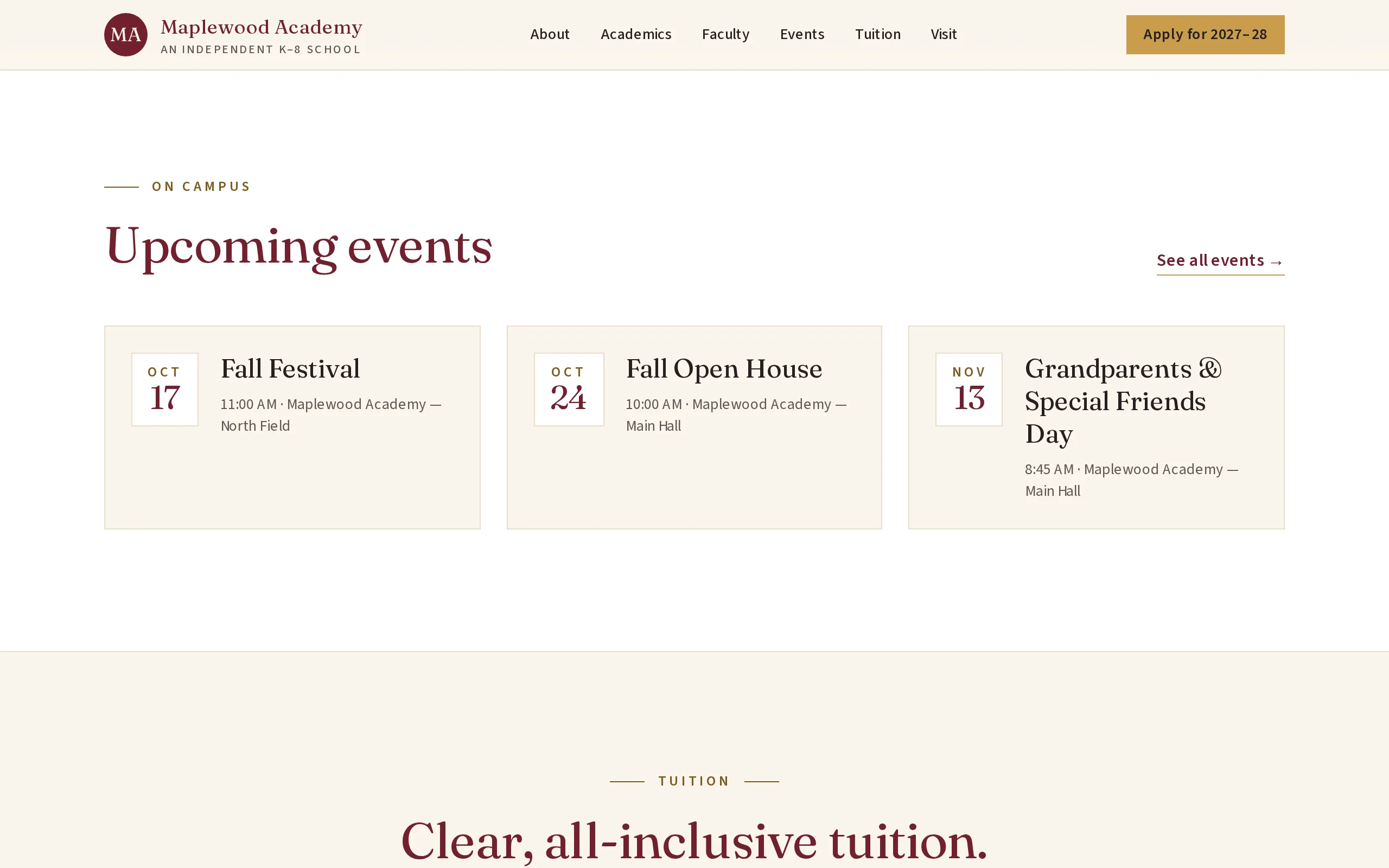 The school's website showing upcoming events pulled in from Lazarus.