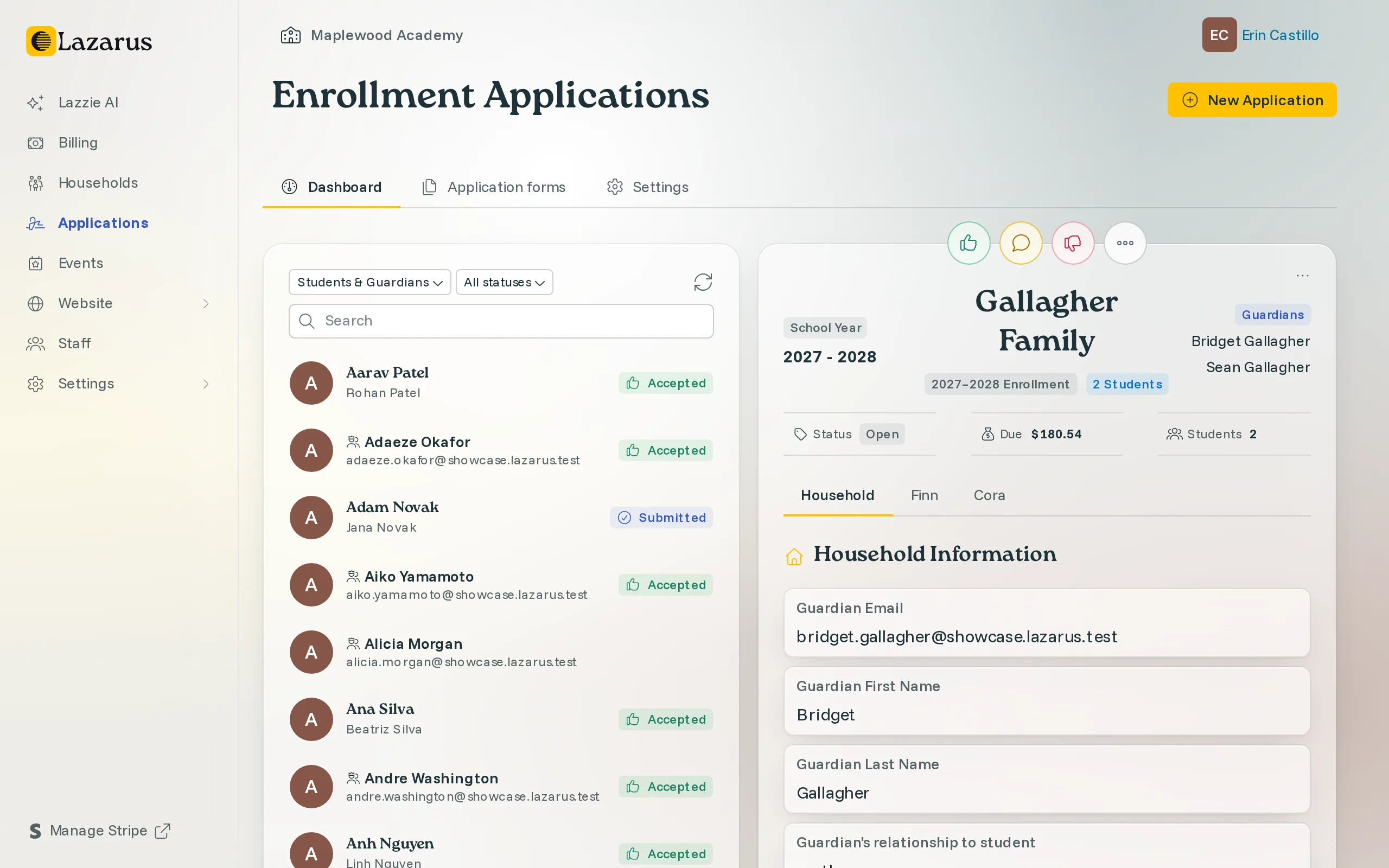 The Applications dashboard: a list of applicants with their status, and the Gallagher family's household application open beside it with guardian details and a tab for each student.