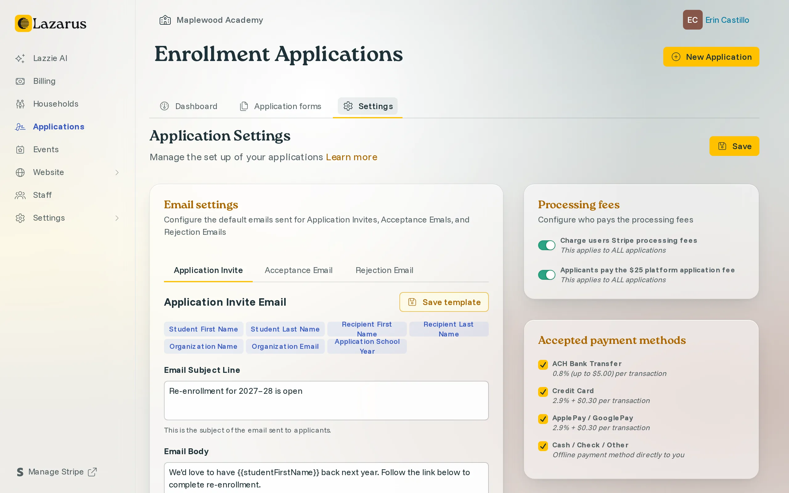 Application Settings: editable invitation, acceptance and rejection email templates with merge fields, a switch for who pays processing fees, and the accepted payment methods.