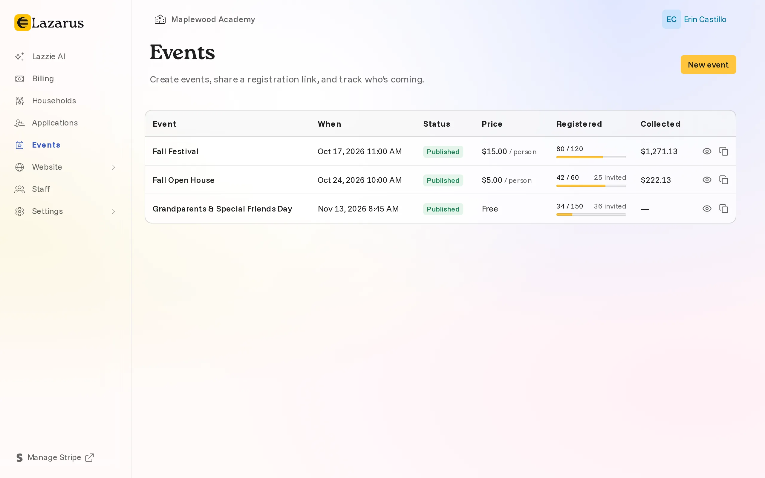 The Events page listing the school's upcoming events with their registration counts.