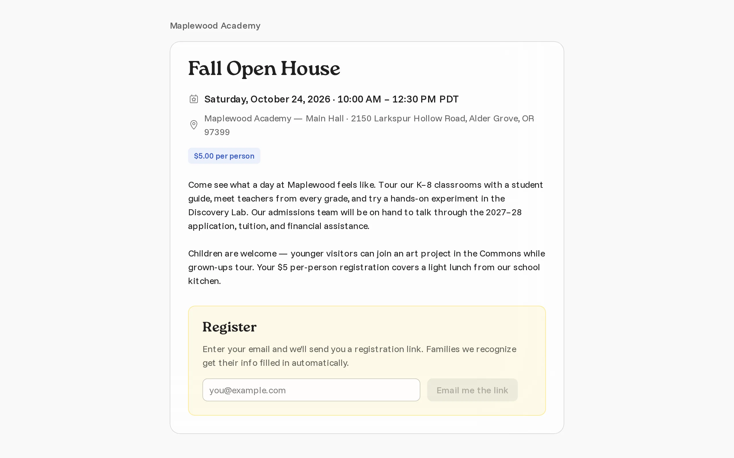The public registration page for the Fall Open House, with its date, location, price and a sign-up form.