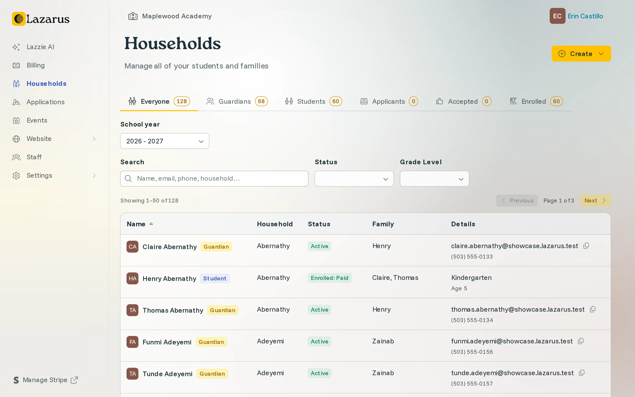 The Households page: everyone in the school with counts for guardians, students, applicants and enrolled, search and filters, and each person's household, status and contact details.